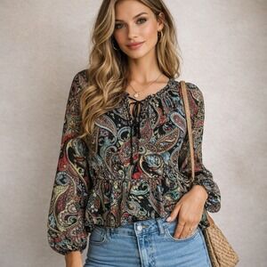 Love Story Paisley Mesh Peplum Blouse Womens XL Lace Up Top Neck Balloon Sleeve